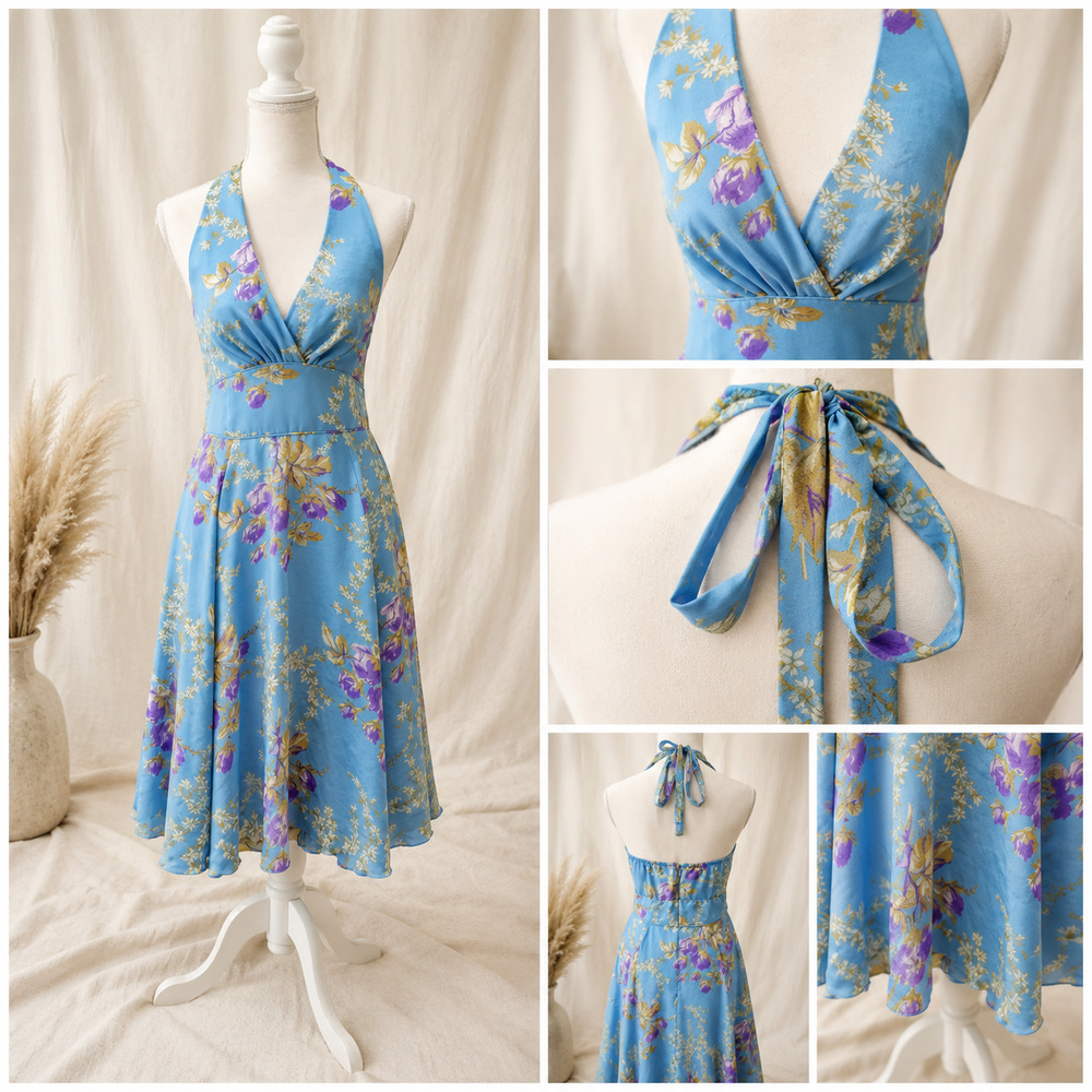 Redux Philip DeCaprio Size 6 Floral Halter Midi Dress Cottagecore Romantic 50's